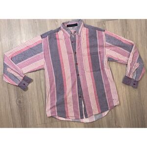Vintage Santana Mens Long Sleeve Striped Button Down Shirt Red Blue White
